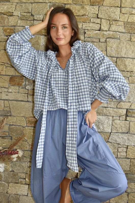 Nonni Gingham Poet Blouse Denim 